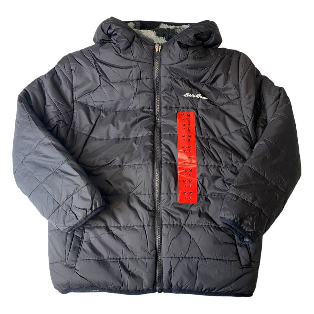 Eddie Bauer Boys Black Reversible Puffer Jacket – Size M (7/8)